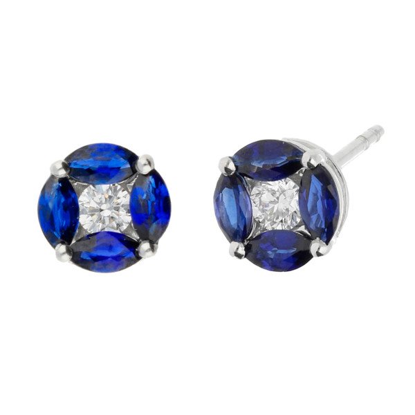 18ct White Gold 0.10ct Diamond & Sapphire Cluster Stud Earrings