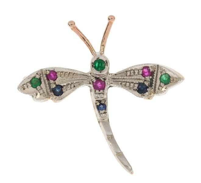 Handcrafted Italian 9ct Yellow Gold Emerald Ruby & Sapphire Dragonfly Brooch