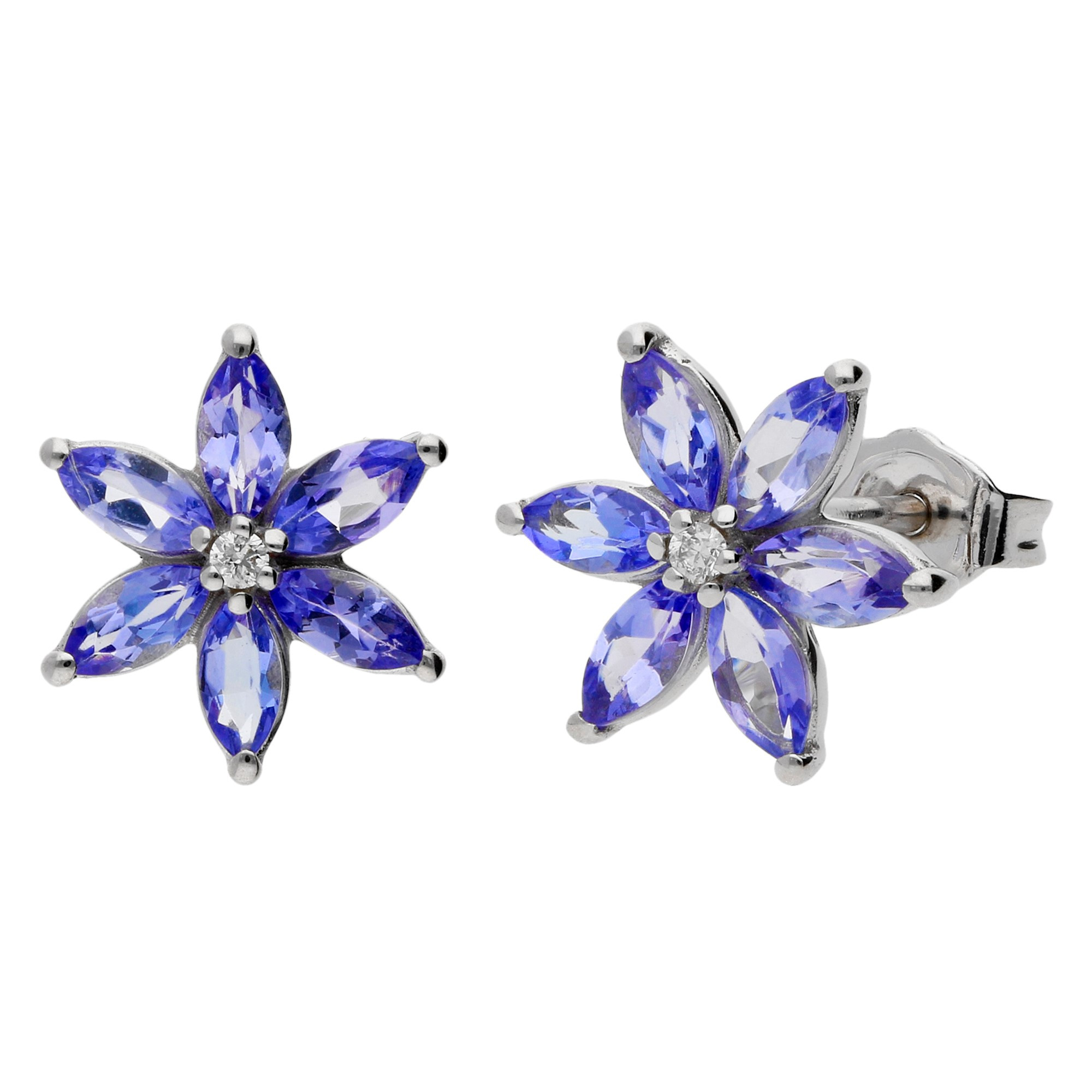 9ct White Gold Tanzanite & Diamond Floral Cluster Earrings | Buy Online ...