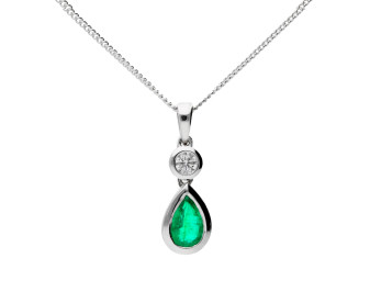 18ct White Gold 0.38ct Emerald & 0.06ct Diamond Drop Pendant