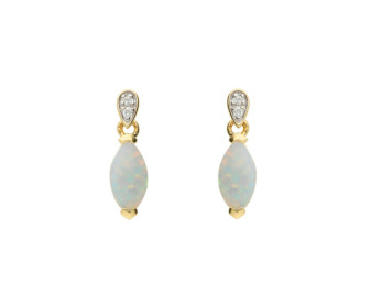 9ct Yellow Gold Navette Cut Opal & Diamond Drop Earrings
