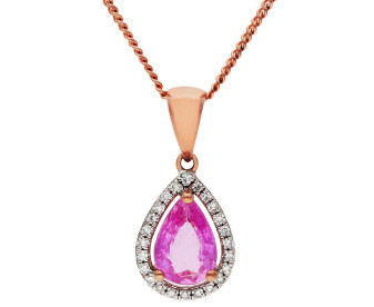 9ct Rose Gold Pink Sapphire & Diamond Pear Shape Halo Pendant
