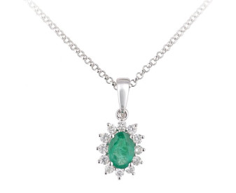 18ct White Gold Diamond & Emerald Pendant