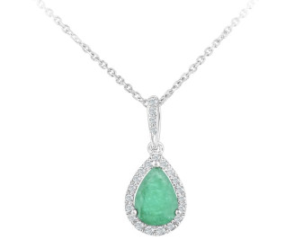 9ct White Gold Emerald & Diamond Pear Shaped Cluster Pendant