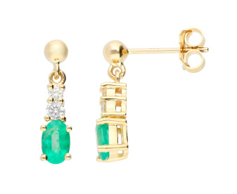 9ct Yellow Gold 6mm Emerald & Diamond Fancy Drop Earrings 
