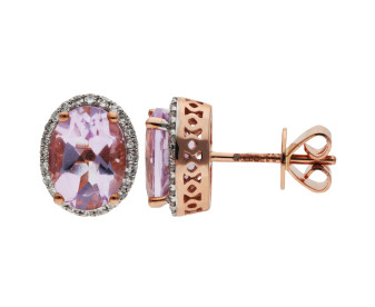 9ct Rose Gold 8mm Pink Amethyst & Diamond Oval Halo Stud Earrings
