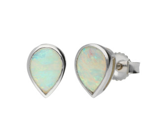 9ct White Gold 7mm Opal Solitaire Pear Shape Stud Earrings 