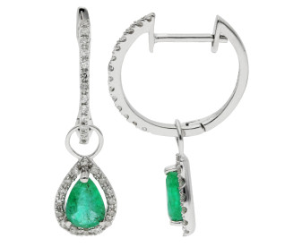 9ct White Gold Emerald & Diamond Pear Shape Drop Hoop Earrings