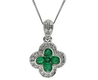 9ct White Gold Emerald & Diamond Quatrefoil Pendant