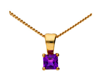 9ct Yellow Gold 3mm Amethyst Solitaire Square Pendant