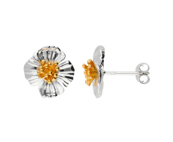 Silver & Yellow Gold Plated Poppy Flower Stud Earrings