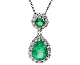 9ct White Gold Emerald & Diamond Halo Pear Drop Pendant