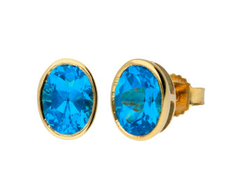 9ct Yellow Gold 7mm Swiss Blue Topaz Solitaire Oval Shape Stud Earrings 