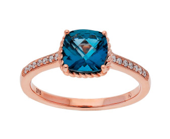 9ct Rose Gold London Blue Topaz & Diamond Cushion Ring