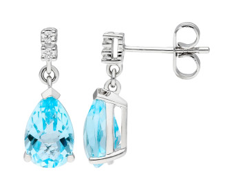18ct White Gold Blue Topaz & Diamond Pear Shape Drop Earrings 