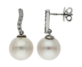 18ct White Gold Cultured Pearl & Diamond Wave Drop Earrings 