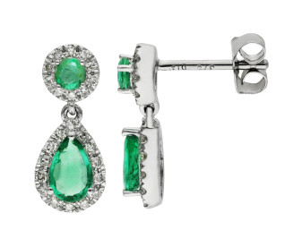 9ct White Gold Emerald & Diamond Teardrop Halo Drop Earrings