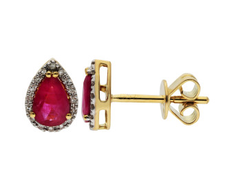 18ct Yellow Gold Ruby & Diamond Pear Shape Cluster Stud Earrings