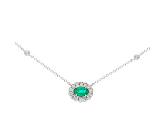 9ct White Gold Diamond Oval Scallop Emerald Necklace