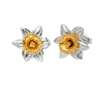 Silver & Yellow Gold Plated Daffodil Flower Stud Earrings