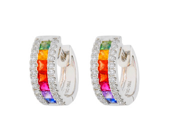 18ct White Gold Rainbow Sapphire & Diamond Hinged Hoop Earrings