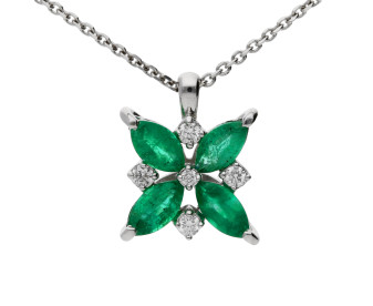 18ct White Gold Emerald & Diamond Flower Pendant