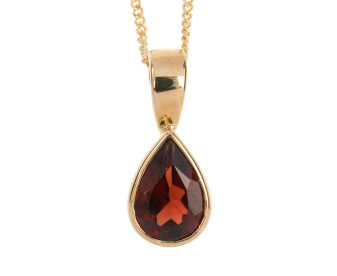 9ct Yellow Gold 7mm Pear Garnet Solitaire Rub Over Pendant