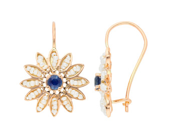 Handcrafted Italian 9ct Sapphire & Seed Pearl Flower Cluster Drop Earrings