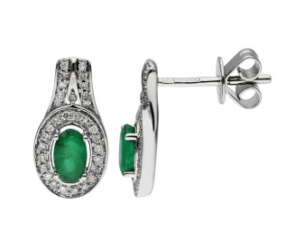 18ct White Gold Emerald & Diamond Halo Drop Stud Earrings