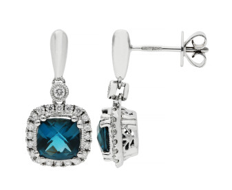 9ct White Gold London Blue Topaz & Diamond Cluster Drop Earrings