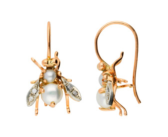 Handcrafted Italian 9ct Rose Gold Cultured Pearl & 0.10ct Diamond Bee Drop Earrings