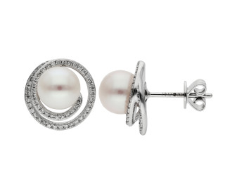 18ct White Gold Pearl & Diamond Swirl Stud Earrings
