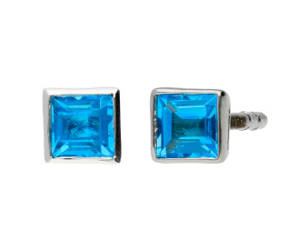 9ct White Gold 3mm Swiss Blue Topaz Square Solitaire Stud Earrings