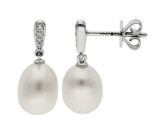 18ct White Gold Pearl & Diamond Drop Earrings