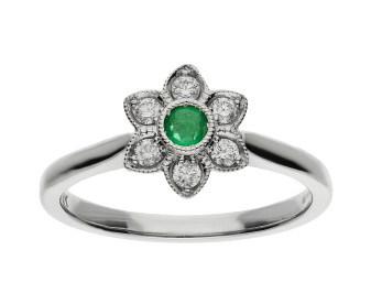 9ct White Gold Emerald & Diamond Flower Cluster Ring