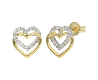 9ct Yellow Gold Double Heart Cubic Zirconia Stud Earrings