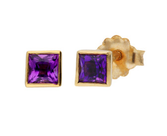 9ct Yellow Gold 3mm Amethyst Solitaire Square Shape Stud Earrings 