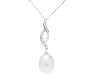 Sterling Silver Pearl & Cubic Zirconia Wave Pendant