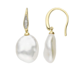 9ct Yellow Gold Keshi Pearl & Diamond Drop Earrings