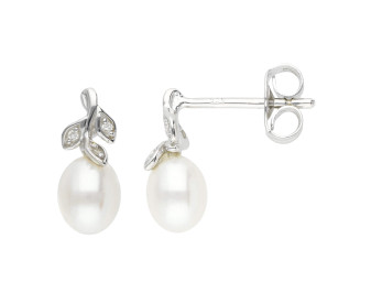 9ct White Gold Fresh Water Pearl & Diamond Leaf Drop Earrings