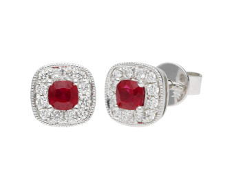 18ct White Gold Ruby & Diamond Cushion Halo Stud Earrings