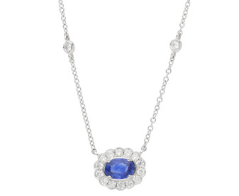 9ct White Gold Diamond Oval Scalloped Sapphire Necklace