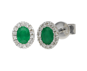 18ct White Gold Emerald & Diamond Cluster Stud Earrings