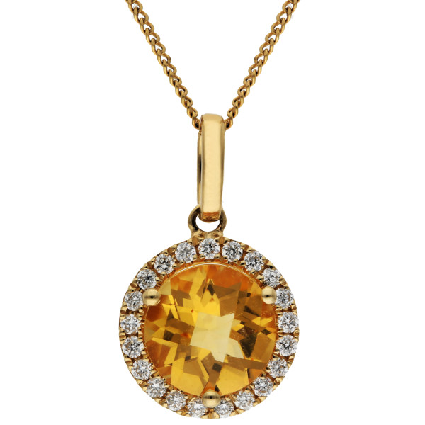 18ct Yellow Gold Citrine & Diamond Halo Pendant