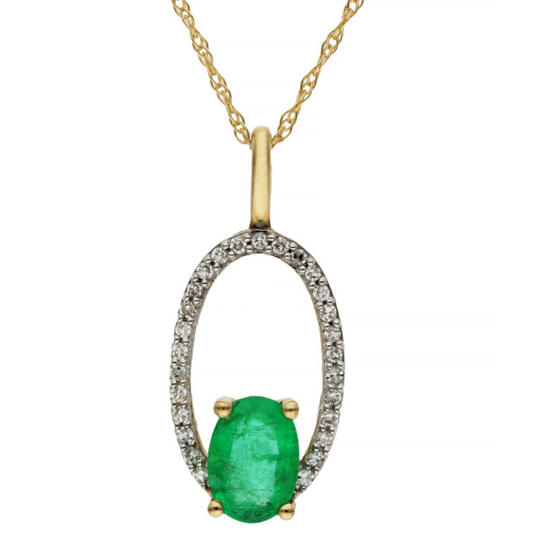 9ct Yellow Gold Diamond & Emerald Halo Pendant Necklace
