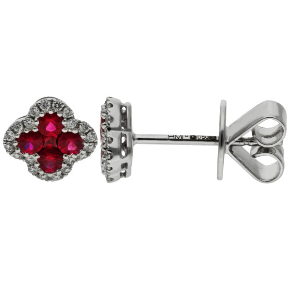 18ct White Gold Ruby & Diamond Quatrefoil Clover Stud Earrings