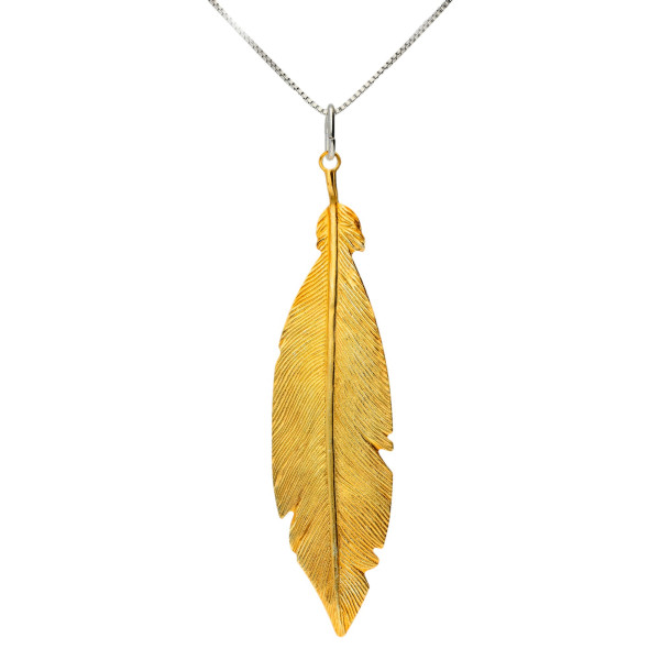 Sterling Silver & Yellow Gold Plated Large Feather Pendant