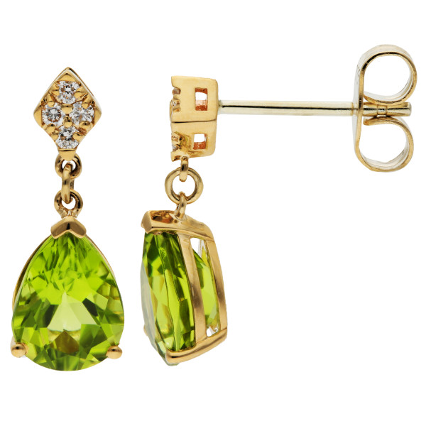 9ct Yellow Gold Peridot & Diamond Pear Shape Drop Earrings