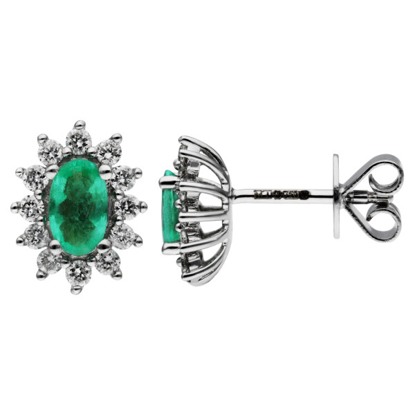 18ct White Gold Emerald & Diamond Oval shape Cluster Stud Earrings