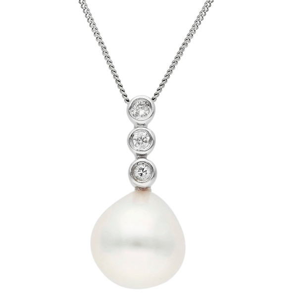 18ct White Gold 7.5-8mm Teardrop Cultured River Pearl & Diamond Pendant